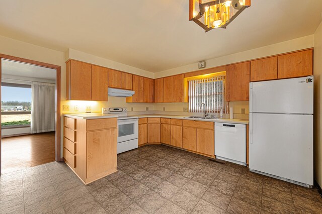 kitchen featuring under cabinet range hood, light countertops, a sink, and white appliances