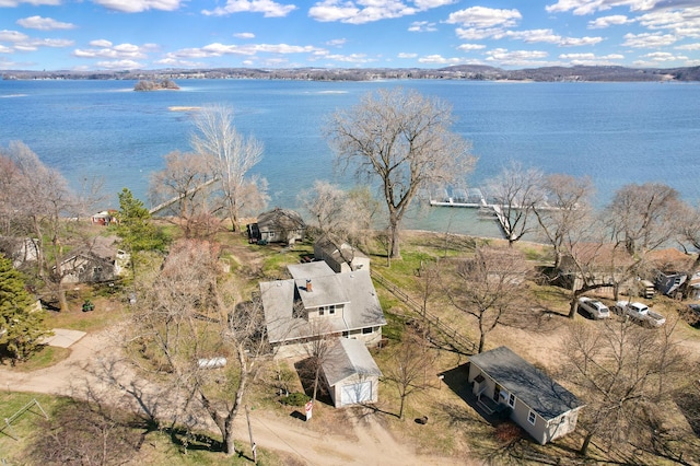 drone / aerial view featuring a water view