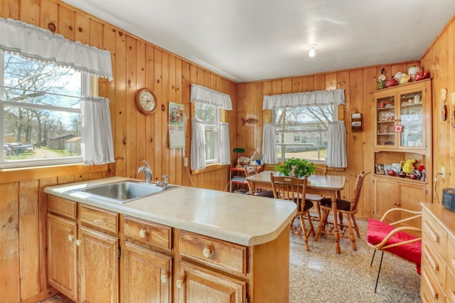 kitchen featuring a sink, light countertops, and wood walls