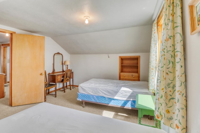 bedroom with carpet and lofted ceiling