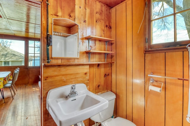 bathroom with wood-type flooring, toilet, wood walls, and a sink
