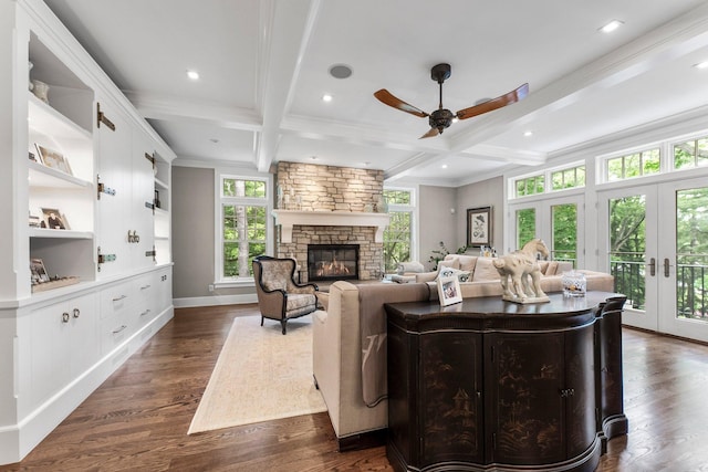 6601 Blackfoot Pass, Edina, MN 55439 - living room with dark wood-style floors, beamed ceiling, coffered ceiling, and ceiling fan
