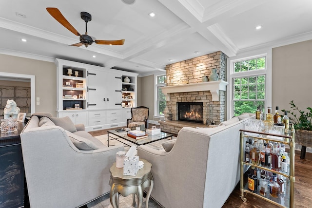 6601 Blackfoot Pass, Edina, MN 55439 - living room featuring a wealth of natural light, wood finished floors, coffered ceiling, and crown molding