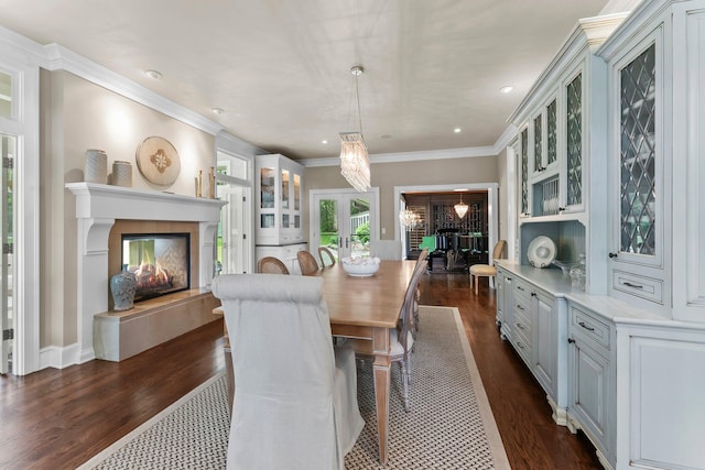6601 Blackfoot Pass, Edina, MN 55439 - dining area with a multi sided fireplace, ornamental molding, recessed lighting, and dark wood finished floors