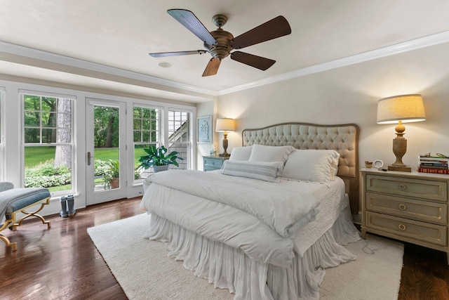 6601 Blackfoot Pass, Edina, MN 55439 - bedroom with access to exterior, wood finished floors, ceiling fan, and ornamental molding
