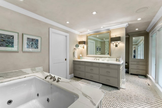 6601 Blackfoot Pass, Edina, MN 55439 - bathroom featuring a tub with jets, recessed lighting, crown molding, and vanity