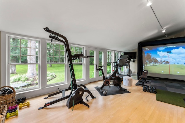 6601 Blackfoot Pass, Edina, MN 55439 - exercise room with lofted ceiling, wood finished floors, and track lighting