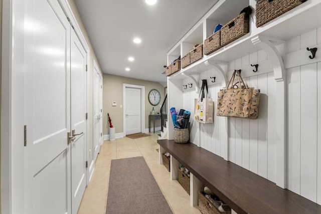 6601 Blackfoot Pass, Edina, MN 55439 - mudroom with light tile patterned floors, baseboards, and recessed lighting