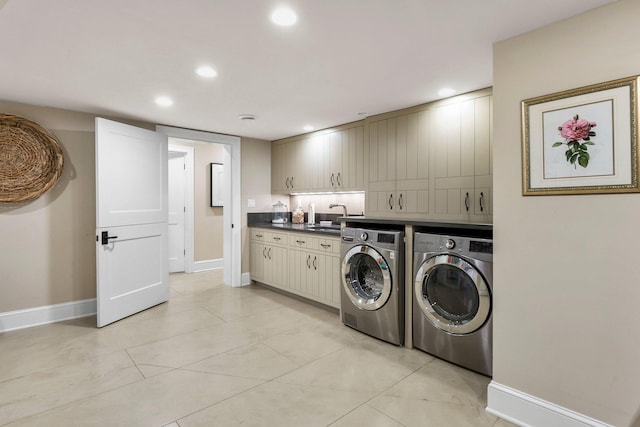 6601 Blackfoot Pass, Edina, MN 55439 - clothes washing area with independent washer and dryer, baseboards, recessed lighting, a sink, and cabinet space