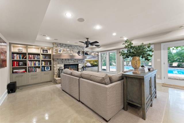 6601 Blackfoot Pass, Edina, MN 55439 - living room with baseboards, a fireplace, ceiling fan, recessed lighting, and built in features