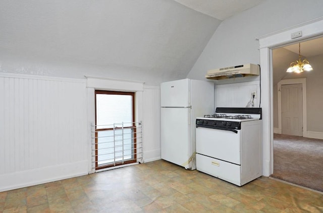 665 Bedford St, Saint Paul, MN 55130 - kitchen featuring white appliances, extractor fan, a chandelier, stone finish floors, and lofted ceiling