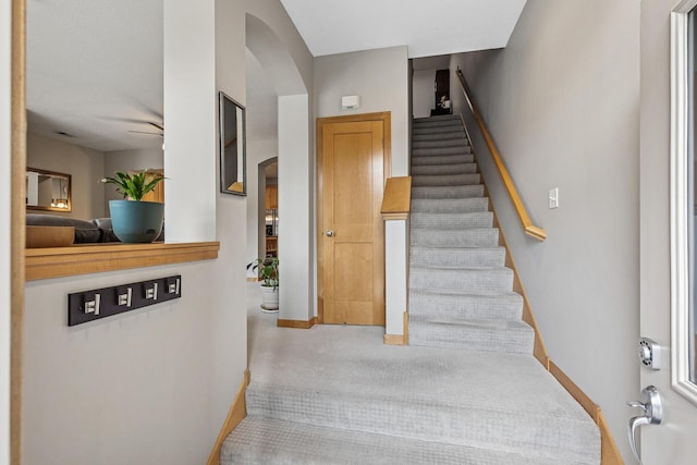 294 Spring St, Saint Paul, MN 55102 - stairway with arched walkways, carpet flooring, and a ceiling fan