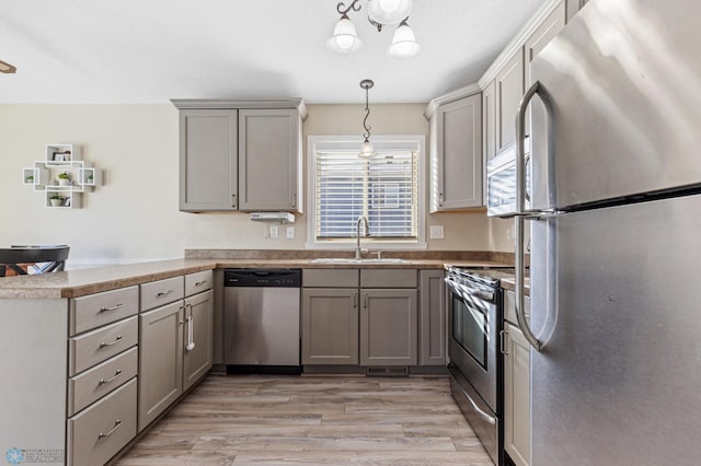 kitchen with a peninsula, appliances with stainless steel finishes, a sink, light wood-style floors, and gray cabinetry