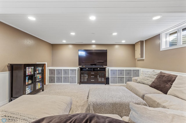 living room with wainscoting, carpet floors, and recessed lighting