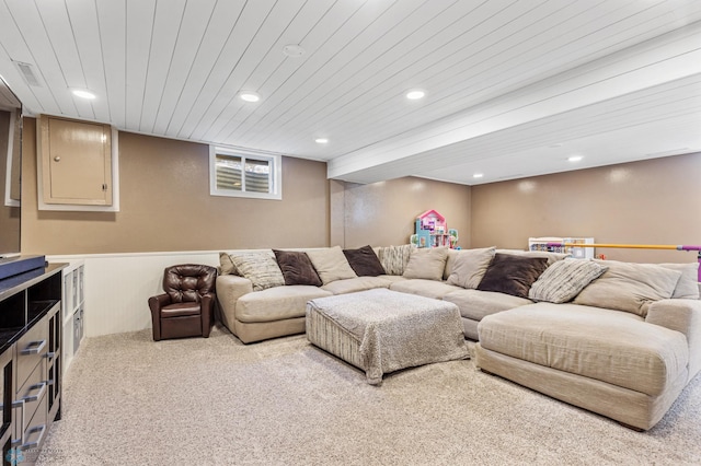 living room featuring carpet floors, recessed lighting, and wooden ceiling