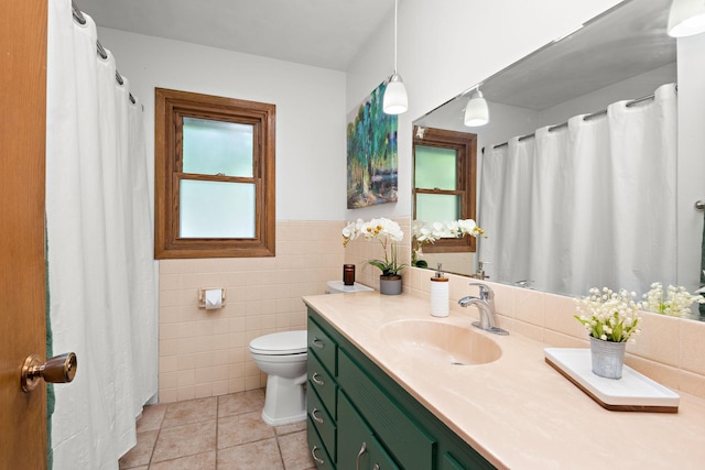 113 Oak Ave SW, Saint Michael, MN 55376 - bathroom featuring tile walls, tile patterned flooring, vanity, a wainscoted wall, and a shower with curtain