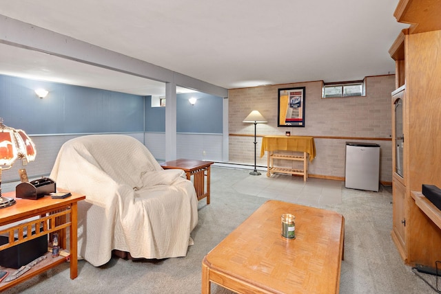 113 Oak Ave SW, Saint Michael, MN 55376 - living room with brick wall, wainscoting, and carpet flooring