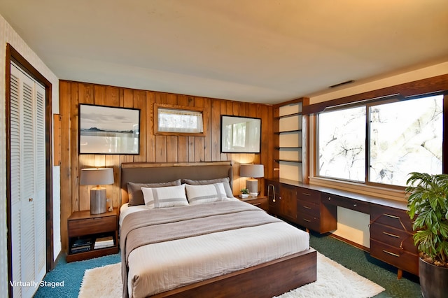 4755 384th St, Brockway Twp, MN 56377 - bedroom featuring built in study area, carpet floors, and wood walls