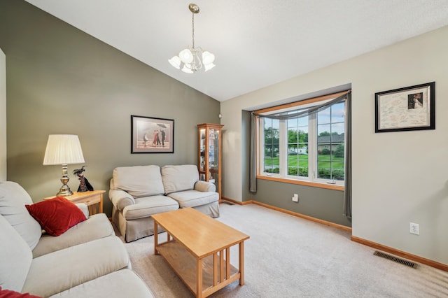 579 Maple Knoll Cir NW, Saint Michael, MN 55376 - living room with a chandelier, light carpet, and high vaulted ceiling