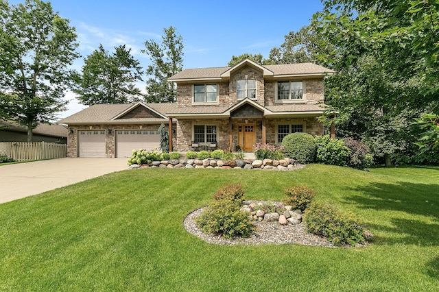 1301 Pondview Ln, Saint Joseph, MN 56374 - craftsman inspired home with a front yard, driveway, stone siding, and a garage