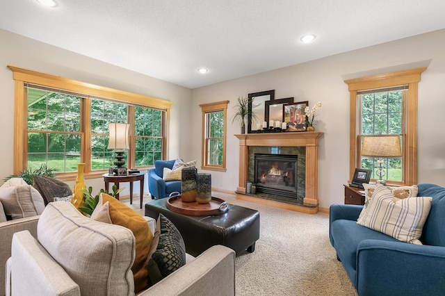 1301 Pondview Ln, Saint Joseph, MN 56374 - carpeted living room featuring recessed lighting, baseboards, and a fireplace