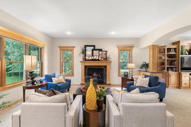 1301 Pondview Ln, Saint Joseph, MN 56374 - living area with recessed lighting, a warm lit fireplace, baseboards, and carpet