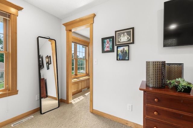 1301 Pondview Ln, Saint Joseph, MN 56374 - corridor featuring baseboards, light colored carpet, and visible vents