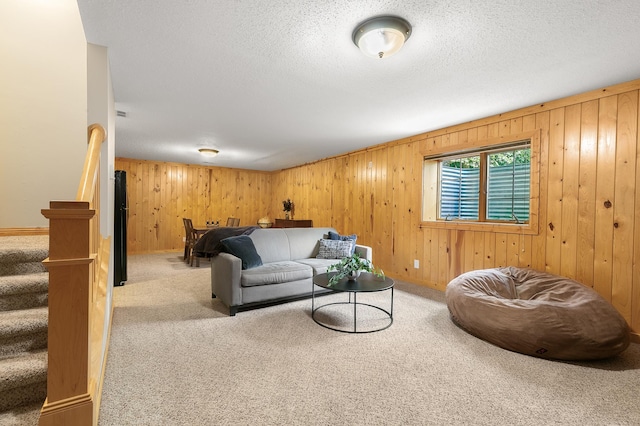 1301 Pondview Ln, Saint Joseph, MN 56374 - living area featuring wood walls, carpet, and stairway