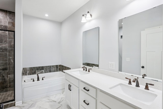 4600 Foxglove Dr, Minnetrista, MN 55331 - bathroom with a bath, marble finish flooring, double vanity, a tile shower, and recessed lighting