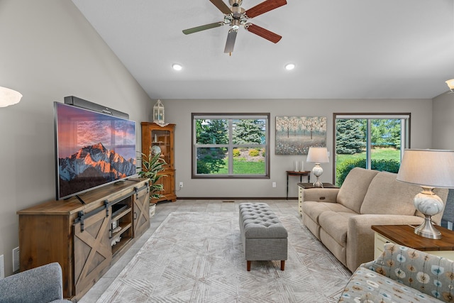 5234 Sundial Ln, Woodbury, MN 55129 - tiled living room featuring plenty of natural light, vaulted ceiling, ceiling fan, and recessed lighting