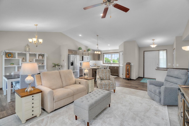 5234 Sundial Ln, Woodbury, MN 55129 - living area featuring lofted ceiling, a chandelier, a ceiling fan, recessed lighting, and light wood-type flooring