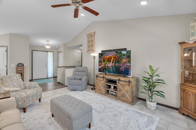 5234 Sundial Ln, Woodbury, MN 55129 - living room featuring ceiling fan, lofted ceiling, light tile patterned floors, and recessed lighting