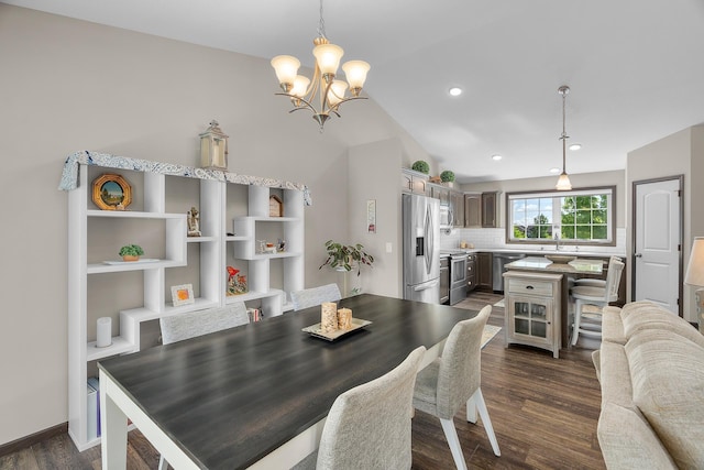 5234 Sundial Ln, Woodbury, MN 55129 - dining space featuring a chandelier, dark wood finished floors, lofted ceiling, and recessed lighting
