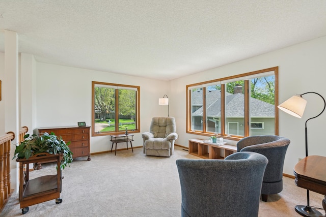 carpeted living room with baseboards and a textured ceiling