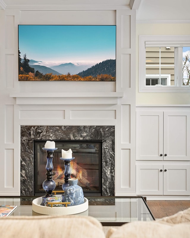 details featuring a fireplace and ornamental molding