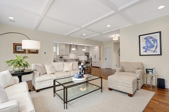 living area with dark wood-style floors, coffered ceiling, baseboards, and recessed lighting