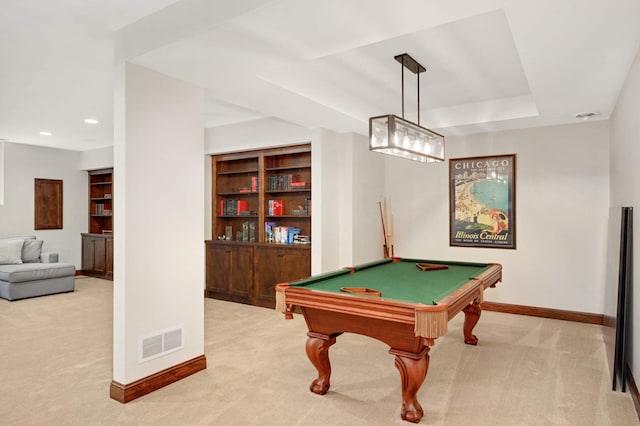 rec room with baseboards, carpet floors, visible vents, and billiards