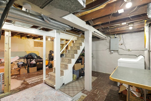 5441 44th Ave S, Minneapolis, MN 55417 - unfinished below grade area with electric panel, stairs, and washer / clothes dryer