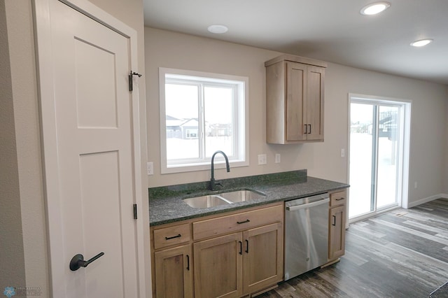 8072 Goldfinch Dr, Horace, ND 58047 - kitchen featuring a sink, dishwasher, wood finished floors, dark stone counters, and recessed lighting