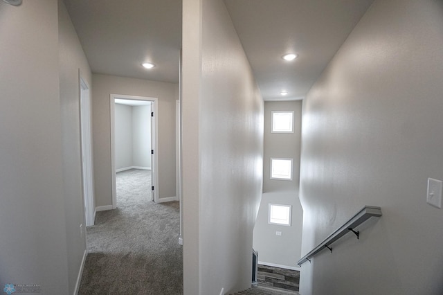 8072 Goldfinch Dr, Horace, ND 58047 - hallway with carpet flooring, baseboards, recessed lighting, and an upstairs landing