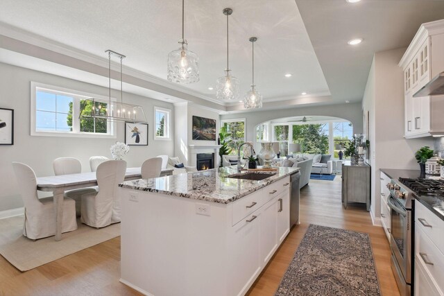 3725 Queensland Ln N, Plymouth, MN 55446 - kitchen with a tray ceiling, a sink, light wood finished floors, open floor plan, and stainless steel appliances
