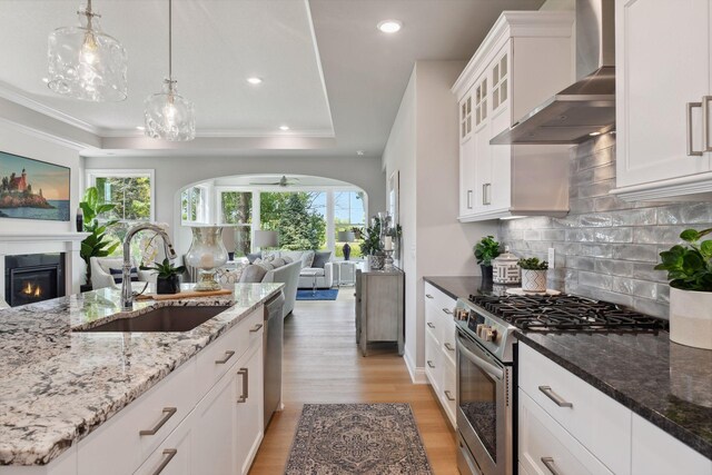 3725 Queensland Ln N, Plymouth, MN 55446 - kitchen with stainless steel appliances, wall chimney exhaust hood, a sink, open floor plan, and a tray ceiling