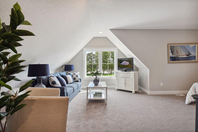 3725 Queensland Ln N, Plymouth, MN 55446 - carpeted living room featuring baseboards, lofted ceiling, and a textured ceiling