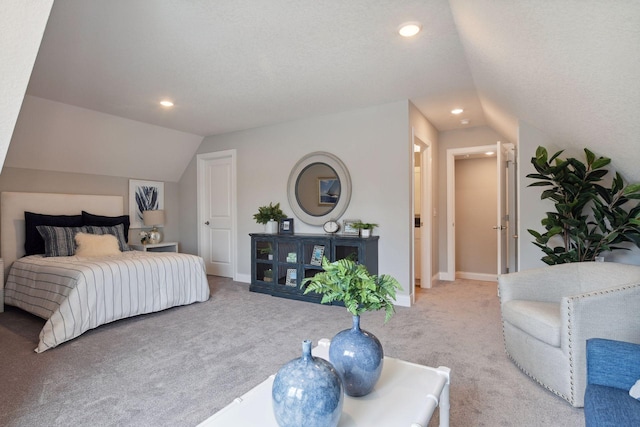 3725 Queensland Ln N, Plymouth, MN 55446 - bedroom featuring light carpet, baseboards, vaulted ceiling, and recessed lighting
