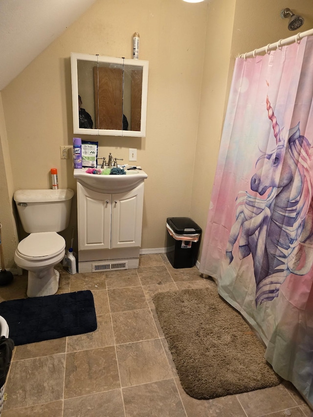 bathroom with a shower with curtain, visible vents, toilet, vaulted ceiling, and vanity