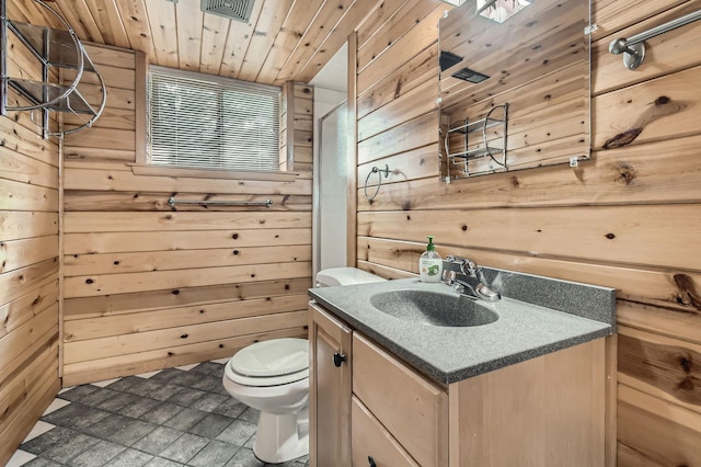 4 Battle Creek Ct, Saint Paul, MN 55119 - bathroom featuring wood walls, vanity, toilet, and wooden ceiling