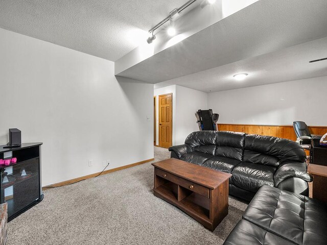 15029 Tyacke Dr, Burnsville, MN 55306 - carpeted living room with visible vents, track lighting, baseboards, and a textured ceiling