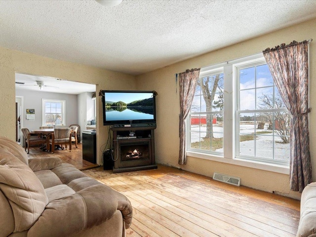 17430 280th St, Sebeka, MN 56477 - living area featuring a textured ceiling, light wood-style floors, and ceiling fan