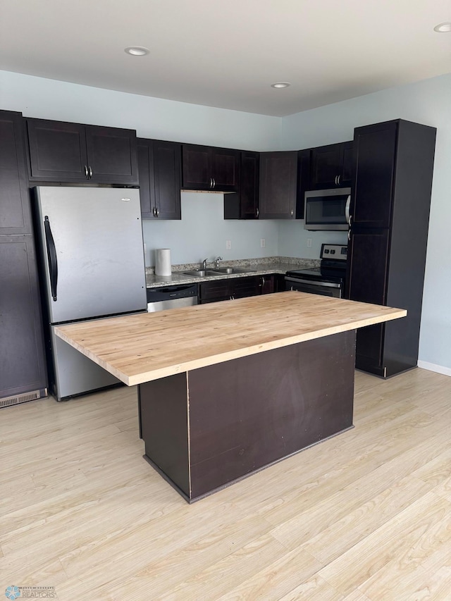 kitchen featuring light wood-type flooring, a sink, butcher block countertops, and appliances with stainless steel finishes