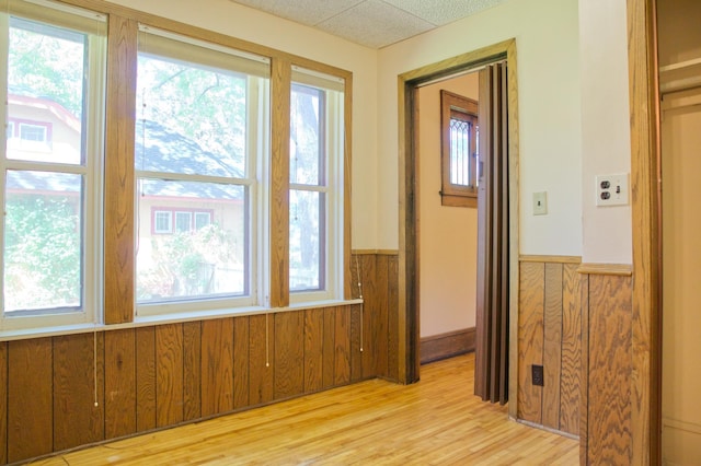 spare room featuring a wainscoted wall, plenty of natural light, wood walls, and light wood-style floors